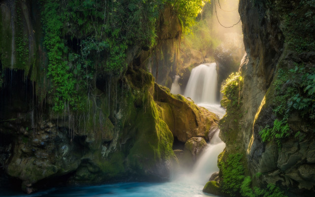 Waterfall forest blue pool lush free wallpaper for desktop - medium preview image