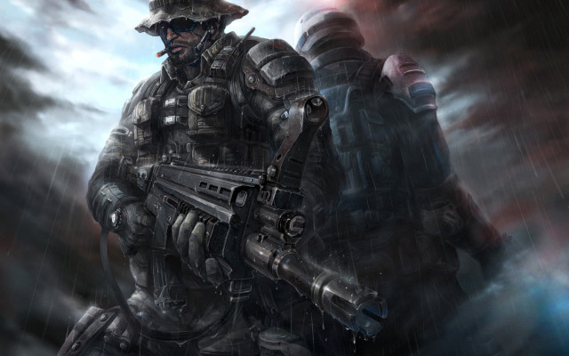 Military man gun rain background free wallpaper for desktop - medium preview image