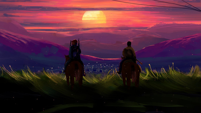 Horses field sunset mountains night free wallpaper for desktop - medium preview image