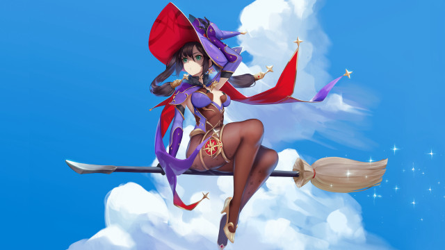 Witch girl flying broom blue free wallpaper for desktop - medium preview image
