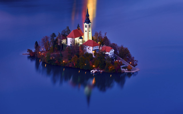 Small island church night water free wallpaper for desktop - medium preview image