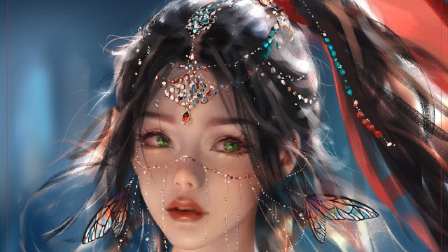 Woman butterfly headdress red scarf free wallpaper for desktop - medium preview image