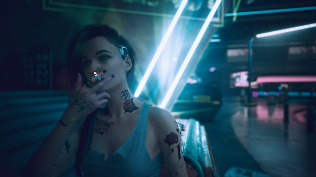Cyberpunk tattooed woman neon piano free wallpaper for desktop - medium preview image
