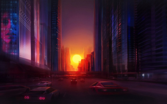 City street sunset solarpunk retrofuturism free wallpaper for desktop - medium preview image