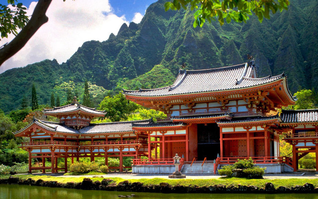 Mountain cityscape japanese architecture bridge free wallpaper for desktop - medium preview image