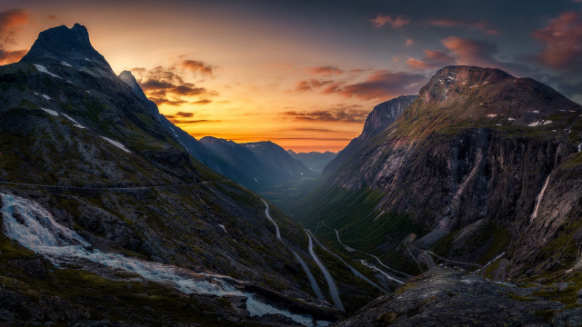 Mountain range winding road sunset free wallpaper for desktop - medium preview image