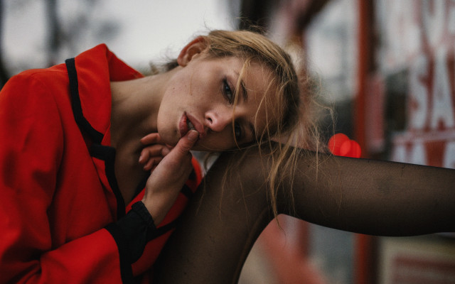 Woman blonde red sweater portrait free wallpaper for desktop - medium preview image