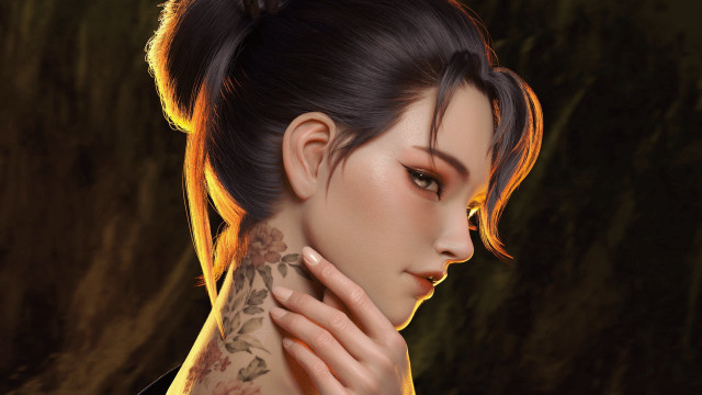 Woman tattoo neck portrait tree #2 free wallpaper for desktop - medium preview image