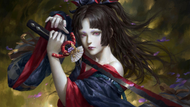 Woman sword flower kimono katana free wallpaper for desktop - medium preview image