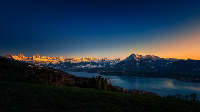 Mountain lake sunset city forest free wallpaper for desktop - medium preview image