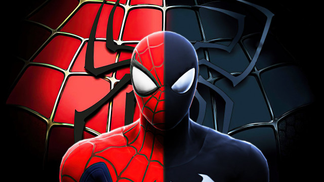 Spiderman faceoff black background digital free wallpaper for desktop - medium preview image