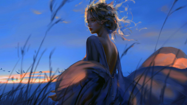 Woman blue dress tall grass free wallpaper for desktop - medium preview image