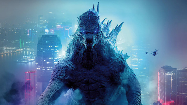 Godzilla cityscape night helicopter ruins free wallpaper for desktop - medium preview image