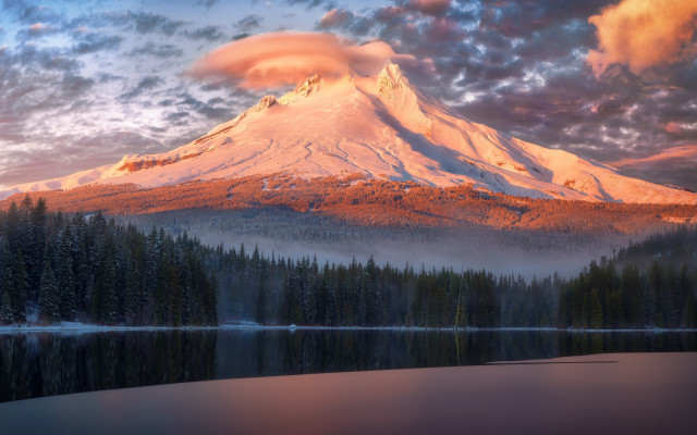 Snowy mountain lake trees sunset free wallpaper for desktop - medium preview image