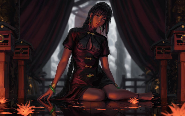 Woman red dress sitting table free wallpaper for desktop - medium preview image