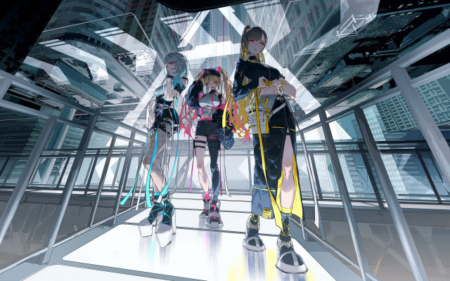 Futuristic hallway group cyberpunk bauhaus free wallpaper for desktop - medium preview image