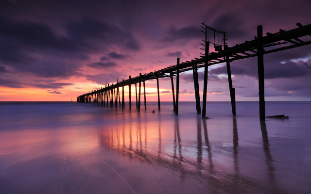 Pier beach purple sunset clouds free wallpaper for desktop - medium preview image