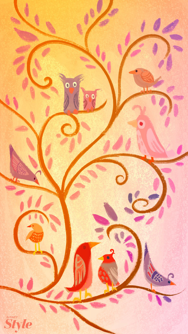 Bird branch swirly leaves pink free wallpaper for mobile - medium preview image