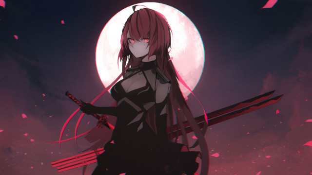 Woman sword fullmoon pinkpetals blackdress free wallpaper for desktop - medium preview image