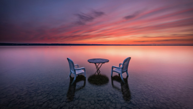 Beach sunset table chairs ocean free wallpaper for desktop - medium preview image