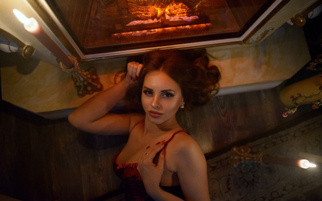 Woman red dress fireplace candles free wallpaper for desktop - medium preview image