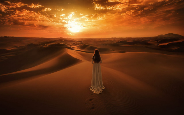 Woman white dress desert sunset free wallpaper for desktop - medium preview image