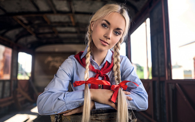 Blonde braid portrait red bow free wallpaper for desktop - medium preview image