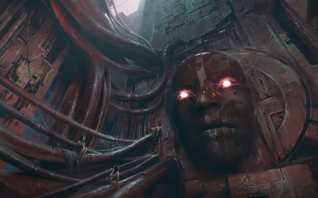 Creepy glowing eyes dystopian cityscape free wallpaper for desktop - medium preview image