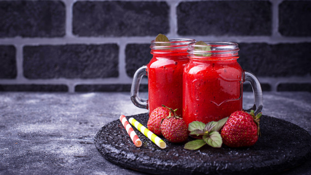 Strawberry smoothie jars black plate free wallpaper for desktop - medium preview image