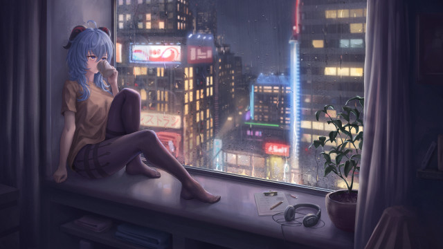 Girl cityscape neon night blue free wallpaper for desktop - medium preview image