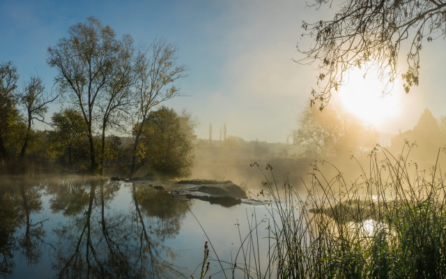 River foggy sky trees sun free wallpaper for desktop - medium preview image