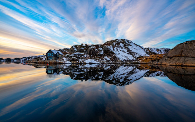 Mountain lake house clouds reflection free wallpaper for desktop - medium preview image