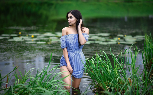 Woman blue dress pond lily free wallpaper for desktop - medium preview image