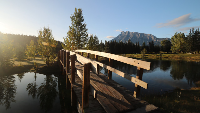 Wooden bridge river mountain trees free wallpaper for desktop - medium preview image