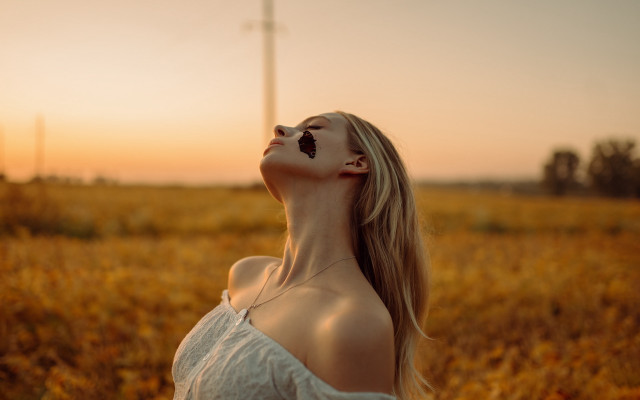 Woman butterfly field sunset windmill free wallpaper for desktop - medium preview image