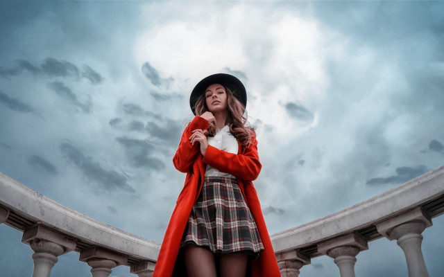 Woman red coat plaid dress free wallpaper for desktop - medium preview image