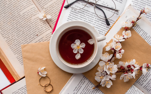 Tea glasses book flowers snowflakes free wallpaper for desktop - medium preview image