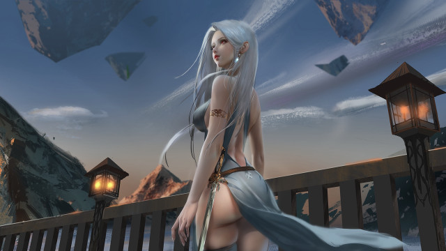 White haired woman bridge sword free wallpaper for desktop - medium preview image