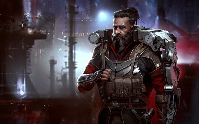 Futuristic man armor weapon night free wallpaper for desktop - medium preview image