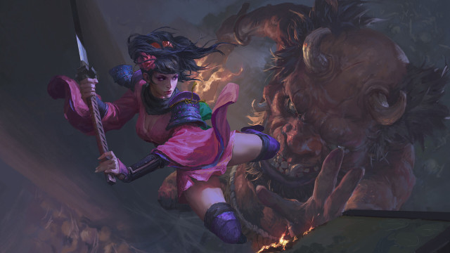 Woman pink outfit sword demon free wallpaper for desktop - medium preview image