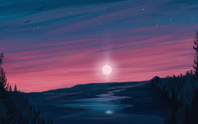 Sunset moon lake trees matte free wallpaper for desktop - medium preview image