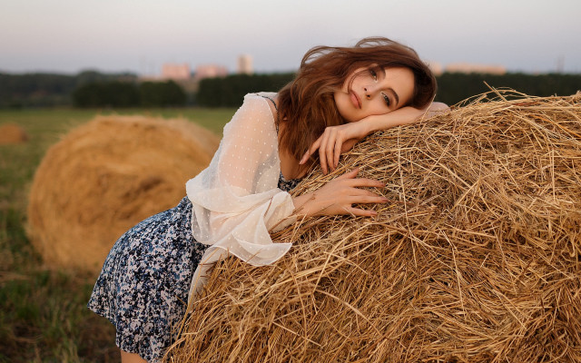 Woman hayfield portrait fashion blurry free wallpaper for desktop - medium preview image