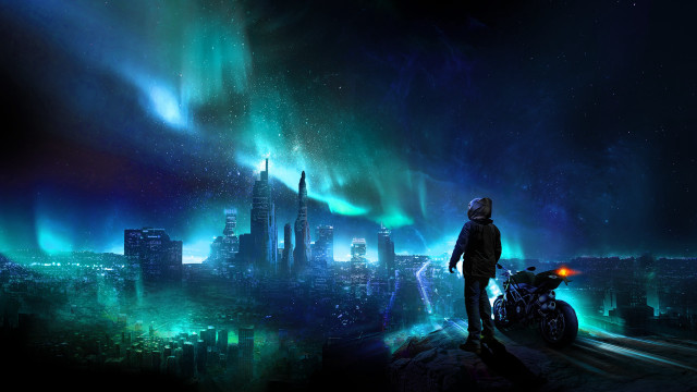 City night aurora motorcycle space free wallpaper for desktop - medium preview image