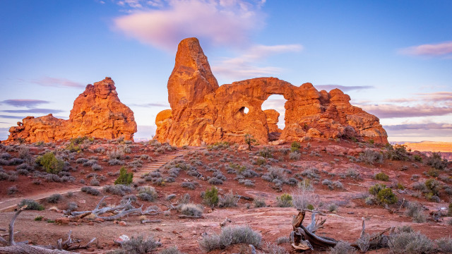 Desert rock formation clouds bushes free wallpaper for desktop - medium preview image