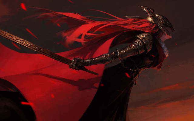 Woman sword redcape redsky fantasy free wallpaper for desktop - medium preview image