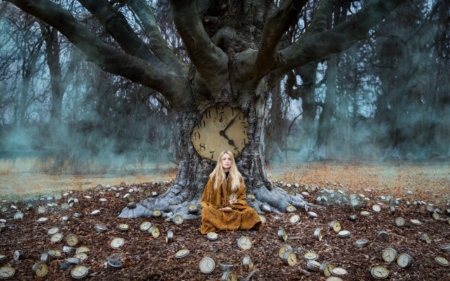 Woman forest clock leaves surreal free wallpaper for desktop - medium preview image