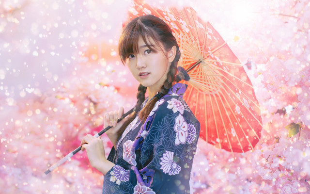 Woman kimono umbrella flower pink free wallpaper for desktop - medium preview image