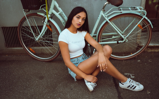 Woman bike street night starry free wallpaper for desktop - medium preview image