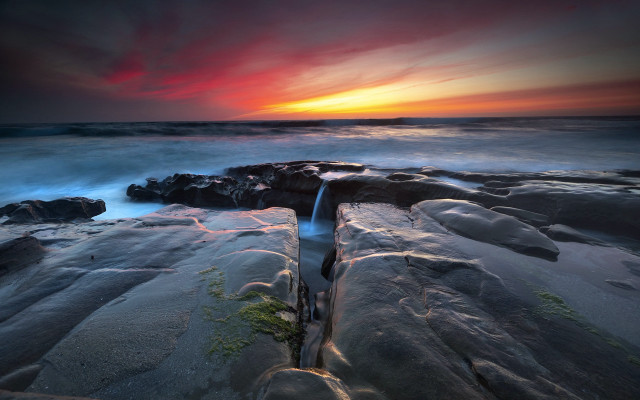 Sunset rocky beach waterfall ocean #3 free wallpaper for desktop - medium preview image