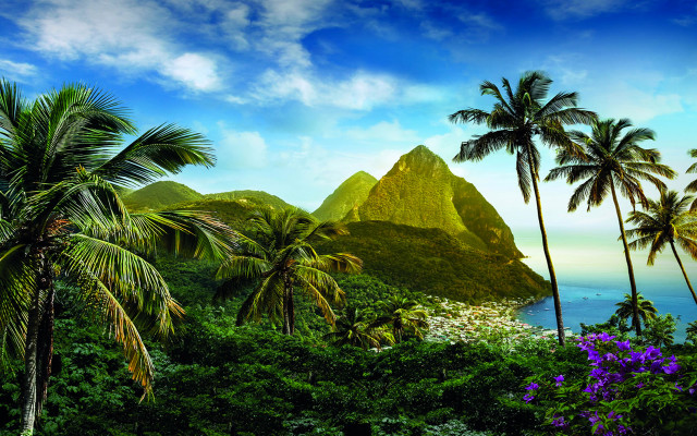 Tropical landscape palm trees mountain free wallpaper for desktop - medium preview image